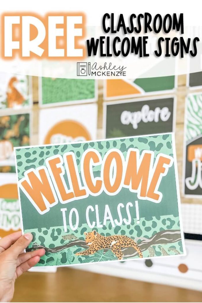 Free jungle themed classroom welcome signs, featuring the saying "Welcome to class" with a leopard in the design.