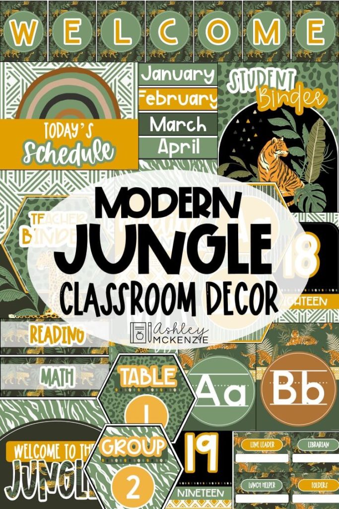 A collage featuring printable modern jungle classroom decor with a green, yellow, and orange color scheme.