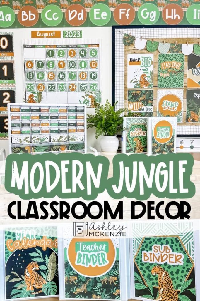 Modern Jungle Classroom Decor is featured, showcasing a matching calendar kit, teacher toolbox labels, binder covers, and more.