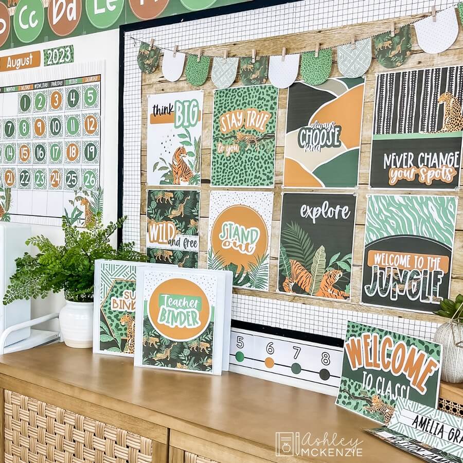 A bulletin board featuring jungle themed posters with an affirming message. A jungle themed welcome to class sign is also displayed.