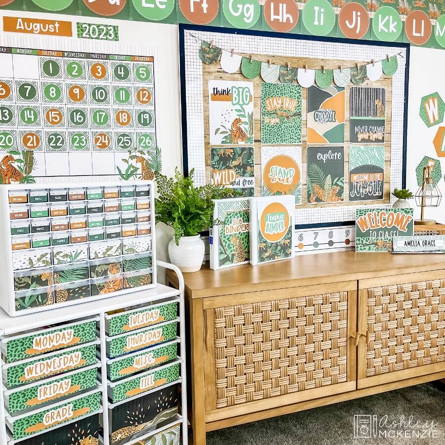 A classroom featuring a jungle theme with calming colors and interesting patterns.
