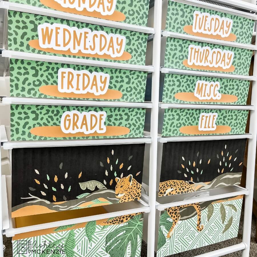 A 12 drawer rolling cart for teacher organizing is shown with stunning jungle themed labels.