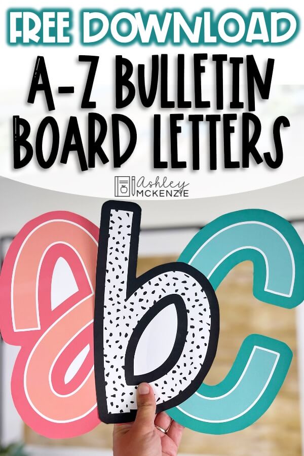 A free download of bulletin board letters in 3 styles: a pink, a blue, and a black and white terrazzo.