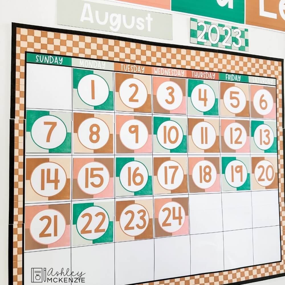 A large classroom calendar display featuring the dates 1 through 24.