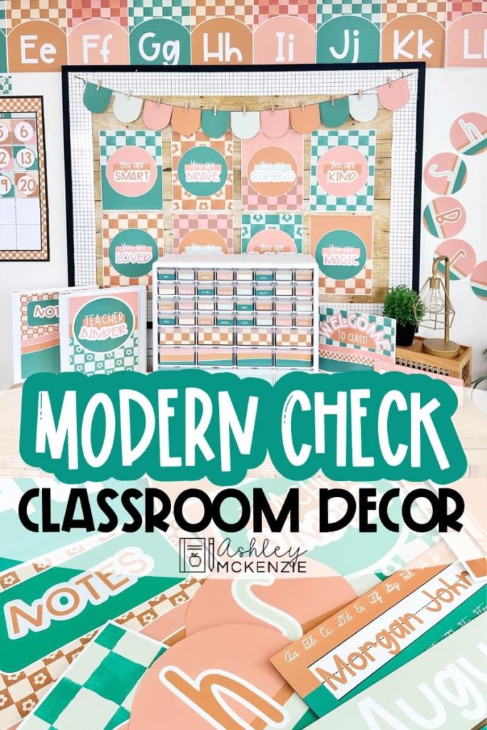 Modern Checkered Classroom Decor featuring pink, green, and marigold colors.
