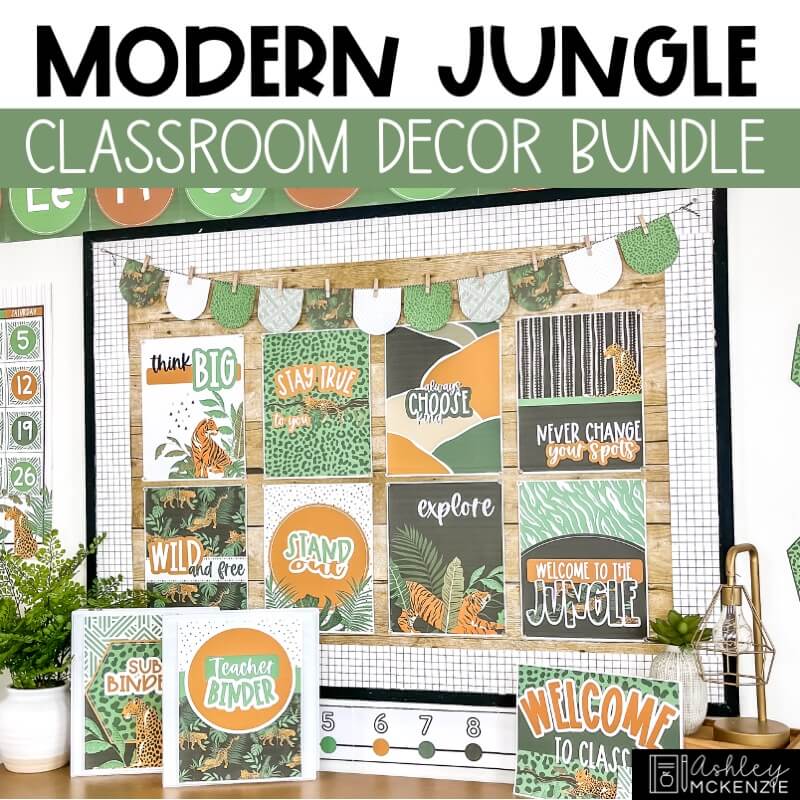 Modern Jungle Classroom Decor Bundle featuring a nature inspired color palette, tigers, and leopards in the design.