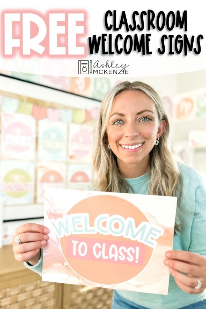 Free classroom welcome signs in a pastel decor theme