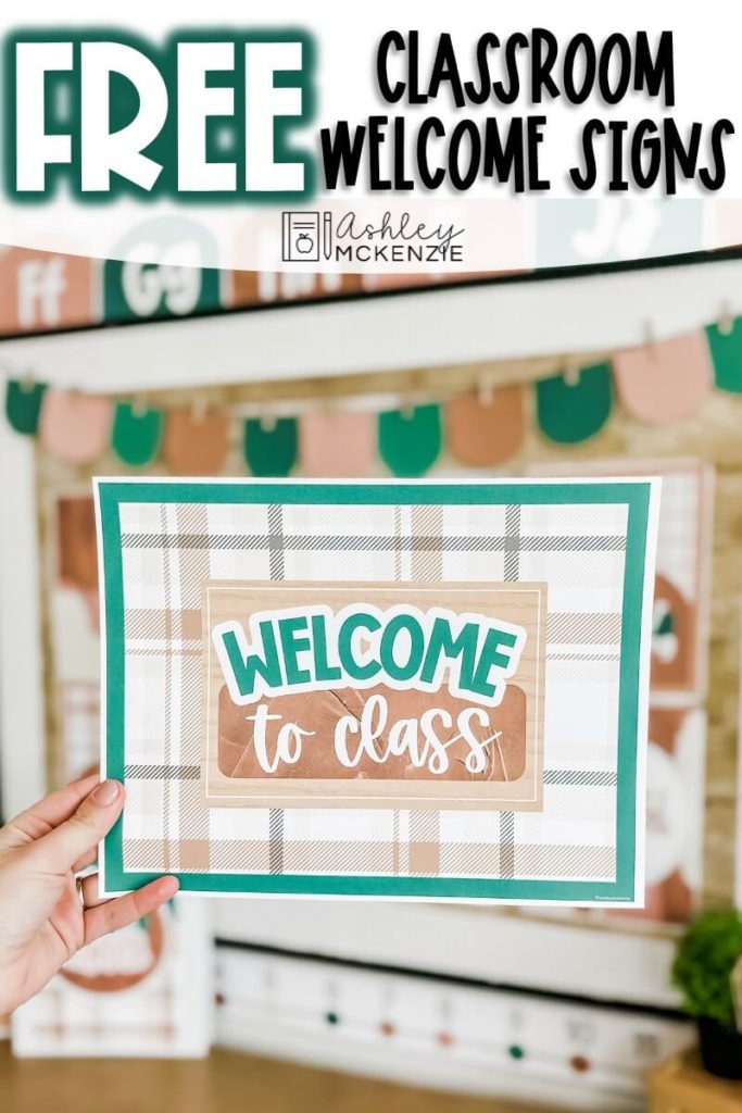Free classroom welcome signs featuring a plaid design