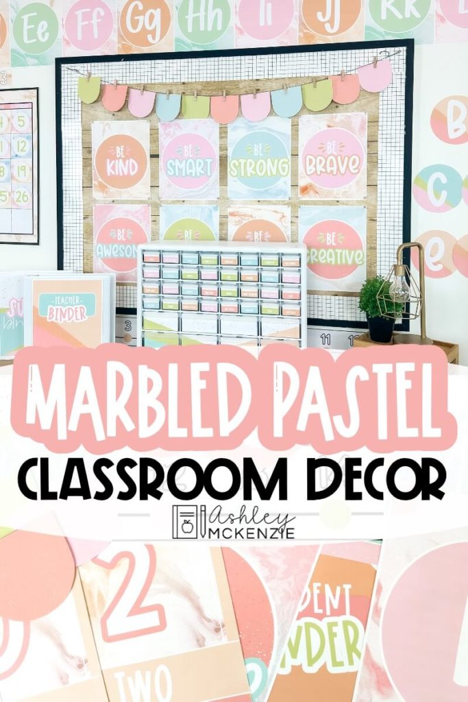 A classroom decorated in a marbled pastel classroom decor theme