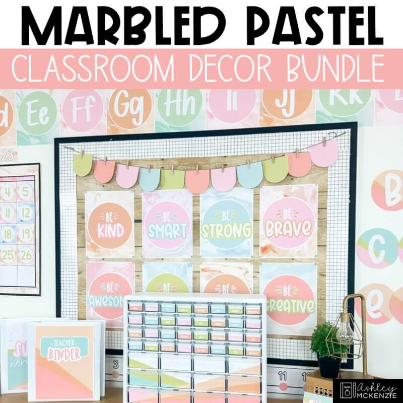 A classroom decorated with marbled pastel classroom decor