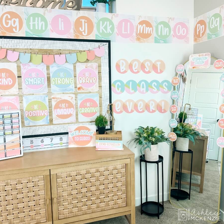 A classroom decorated in pastels and posters with positive messaging