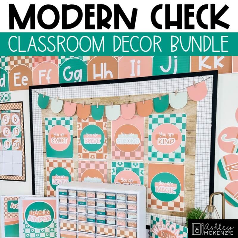 Classroom decorated with a Modern Checkered classroom decor theme