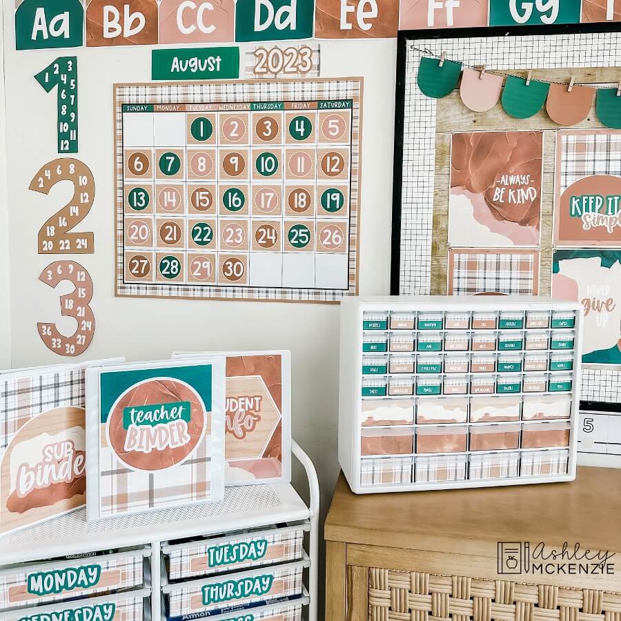 Numerous teacher resources in a modern plaid classroom decor theme, including teacher binder covers, a toolbox, and calendar kit