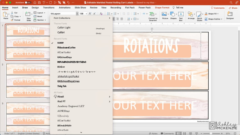 A screen showing how to choose a font from the dropdown menu in PowerPoint