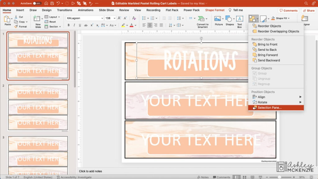 A screenshot showing how to view the selection pane in PowerPoint