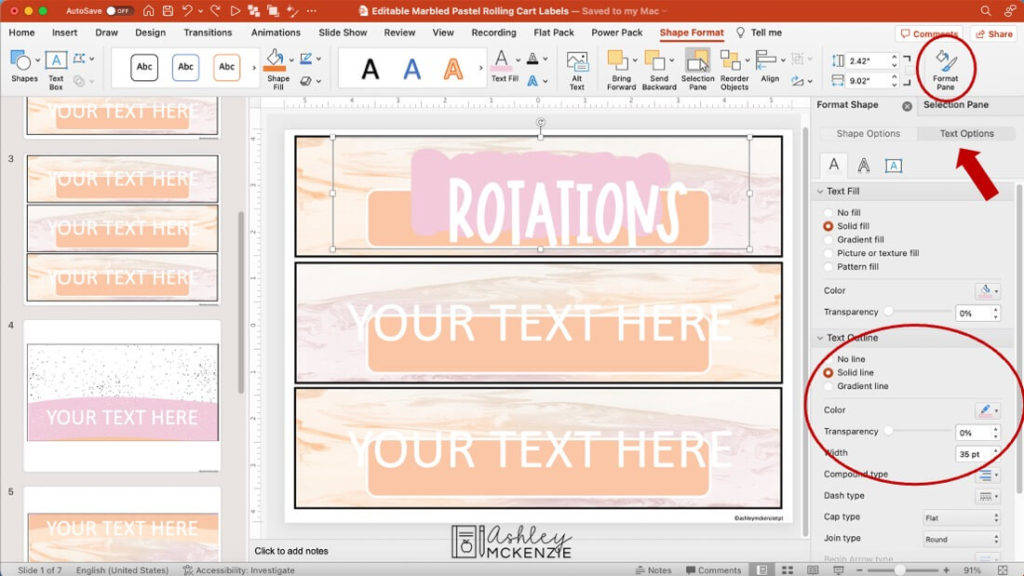 A screenshot showing how to adjust the weight of text outline in PowerPoint