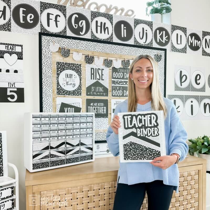 A classroom decorated with a black and white terrazzo theme