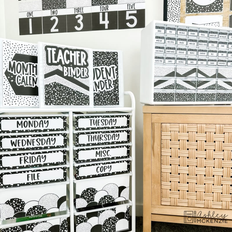 Black and White Terrazzo themed organizing labels and teacher binder covers