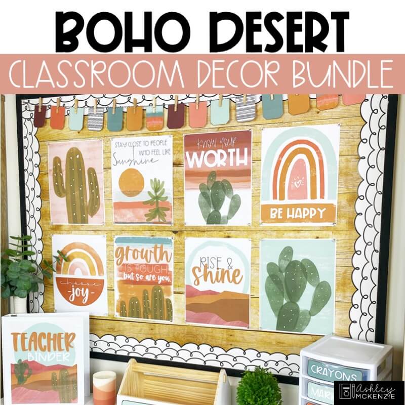 Teacher decorations featuring a desert theme in a boho style
