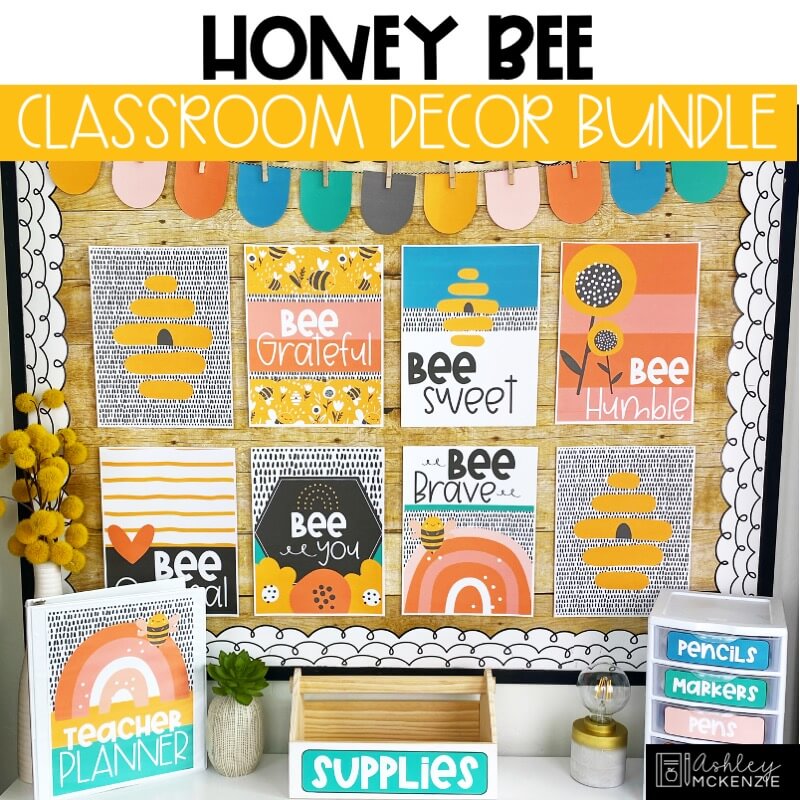 A classroom decorated in a colorful boho honey bee classroom decor theme