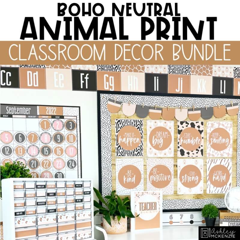 A classroom decorated with an animal print theme in a neutral color palette