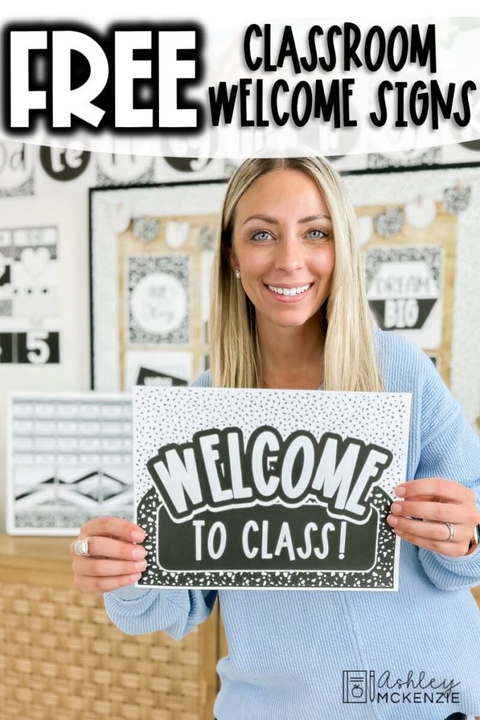 Free black and white terrazzo classroom welcome signs