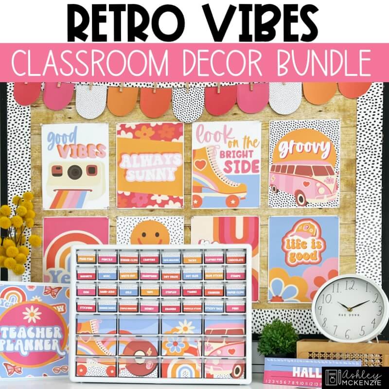A classroom bulletin board decorated with a bright retro vibes classroom decor theme