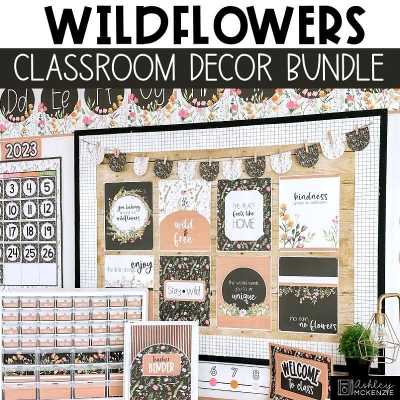 A classroom decorated with a wildflowers classroom decor theme