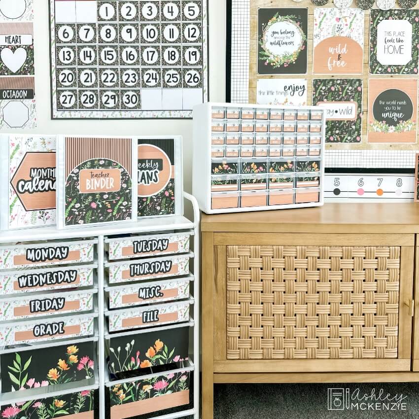 Teacher organizing tools are featured in a wildflowers classroom decor theme