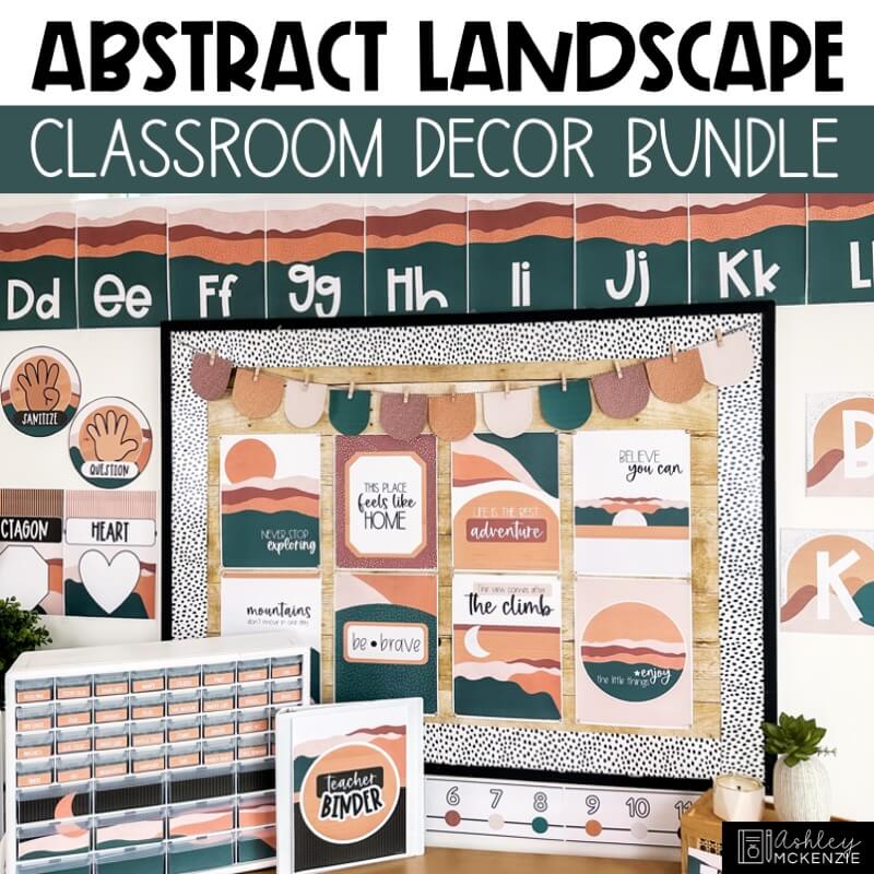 Classroom decor featuring an abstract landscape theme with jewel tones and mountain images.