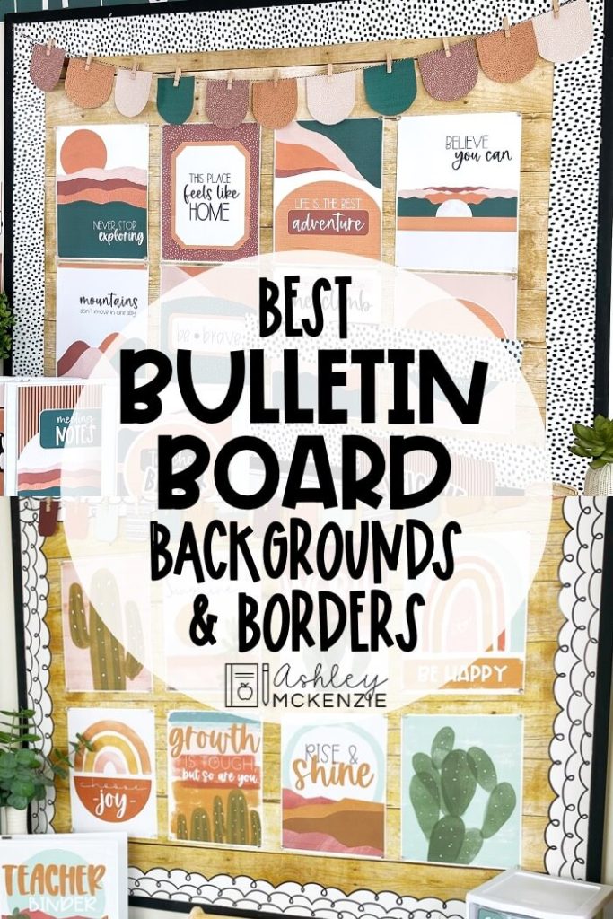 Two classroom bulletin boards are shown each featuring some of the best bulletin board backgrounds and borders to use in the classroom.