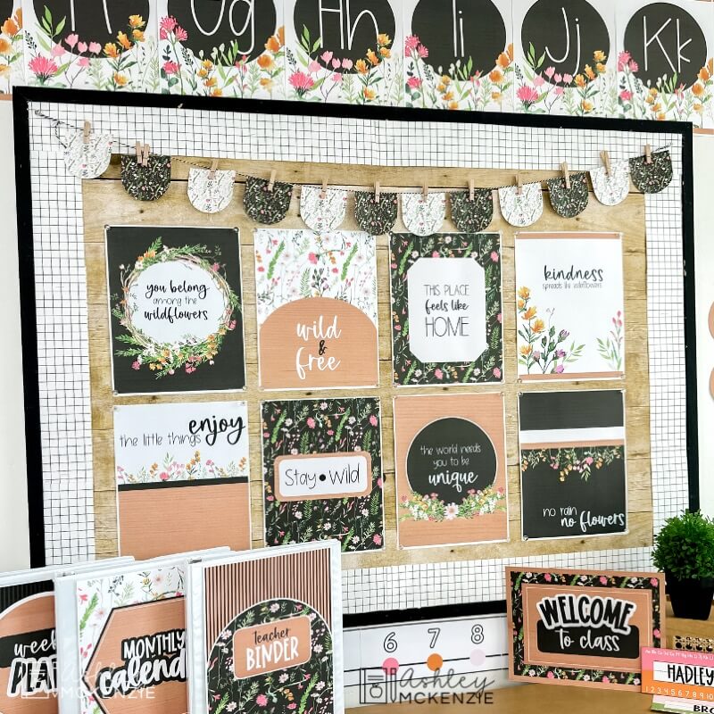 A classroom bulletin board decorated with posters in a wildflowers theme, with a window pane border lining the outside of the display