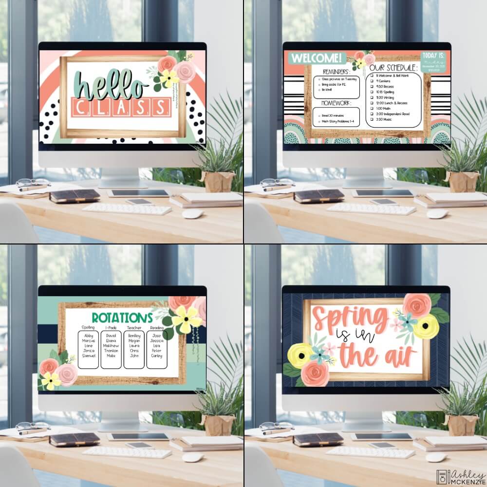 Boho spring themed Google Slides templates are shown on 4 different computers, featuring colorful floral designs.