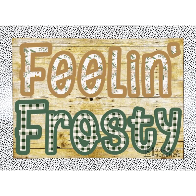 A bulletin board showcasing seasonal bulletin board letters in a modern winter style spell out the saying "Feelin' Frosty."