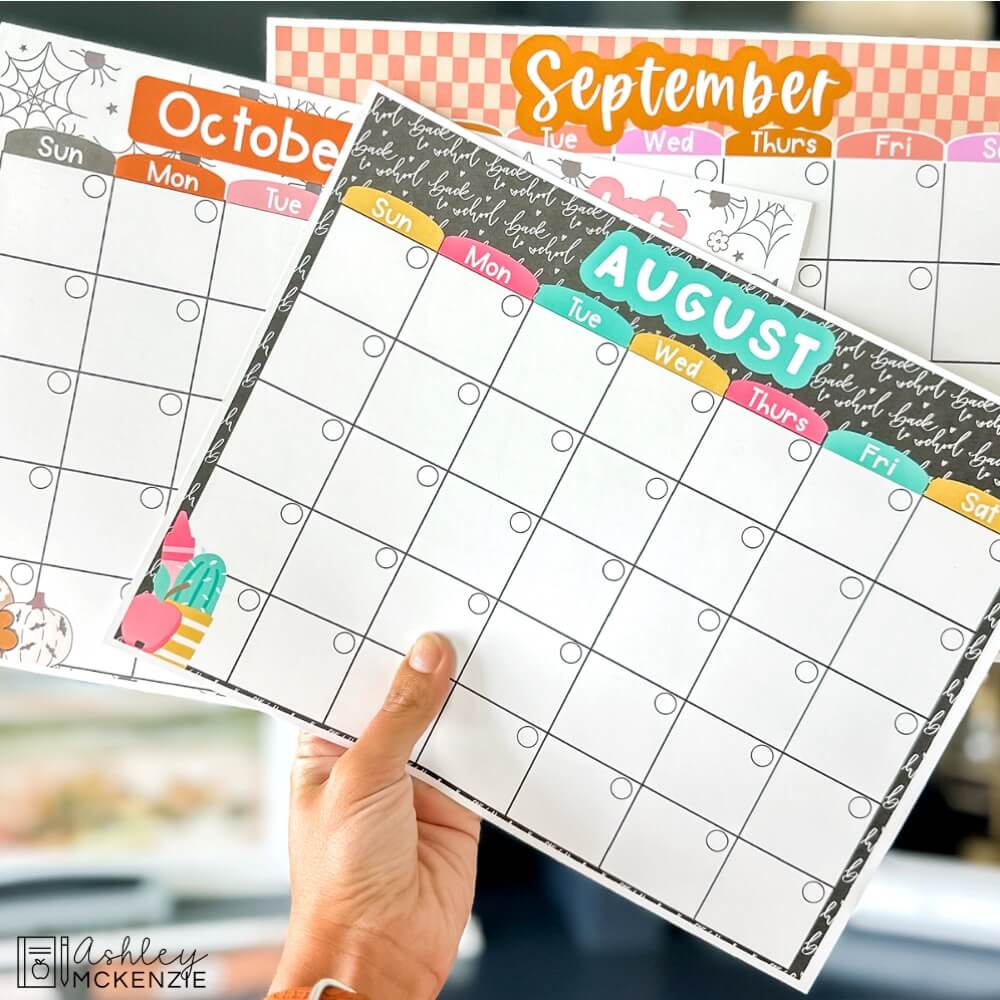 Monthly teacher calendar templates for August, September, and October.