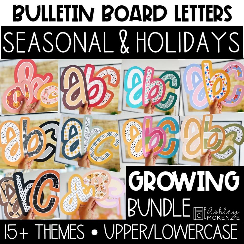 A bundle of holiday and seasonal bulletin board letters featuring 15+ different themes, upper and lower case letters.