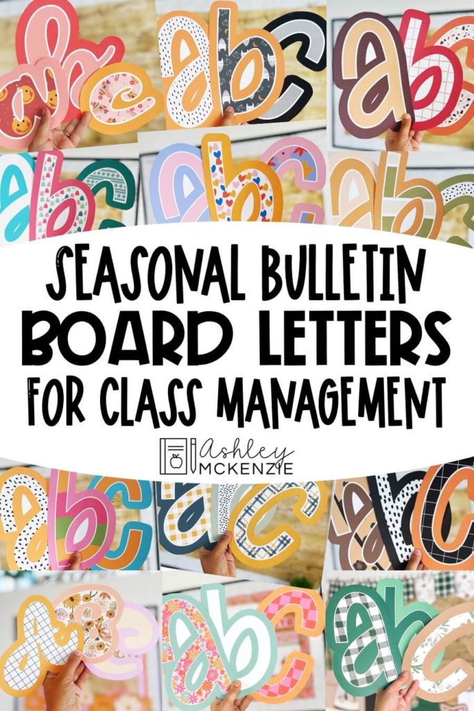 A patchwork of seasonally themed bulletin board letters are shown in a variety of colors and prints.