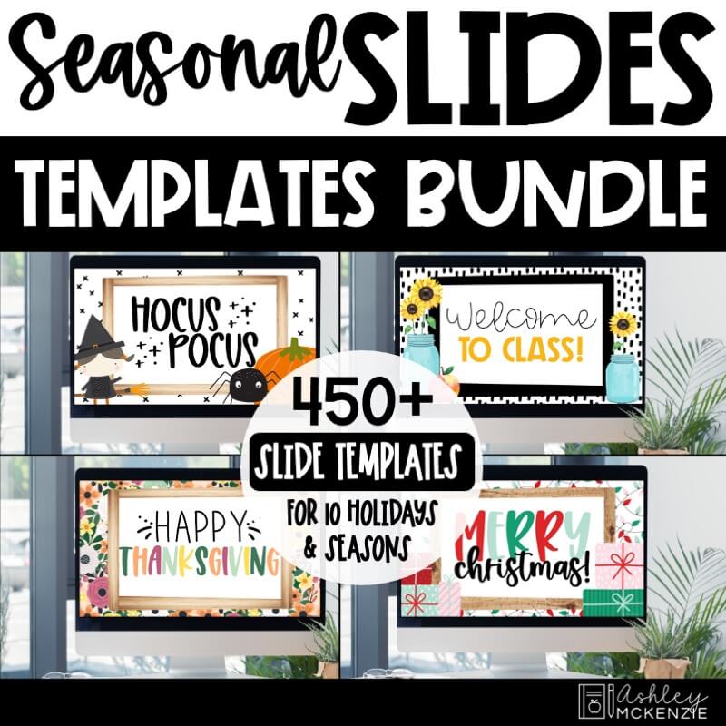 Seasonal Google Slides Templates are featured showing multiple seasonal designs including Halloween, fall, Thanksgiving, and winter.