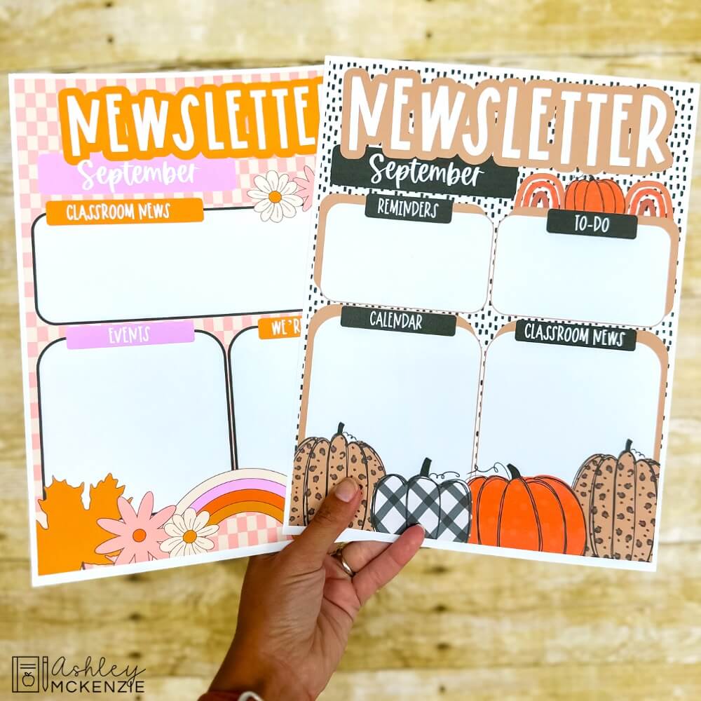 September classroom newsletter templates featuring fall leaves and boho pumpkins in fall colors.