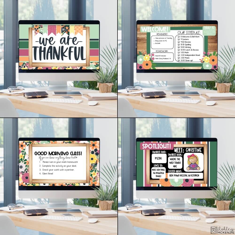Multiple Thanksgiving themed Google Slides templates featuring a classroom schedule, morning message, and a student spotlight slide.