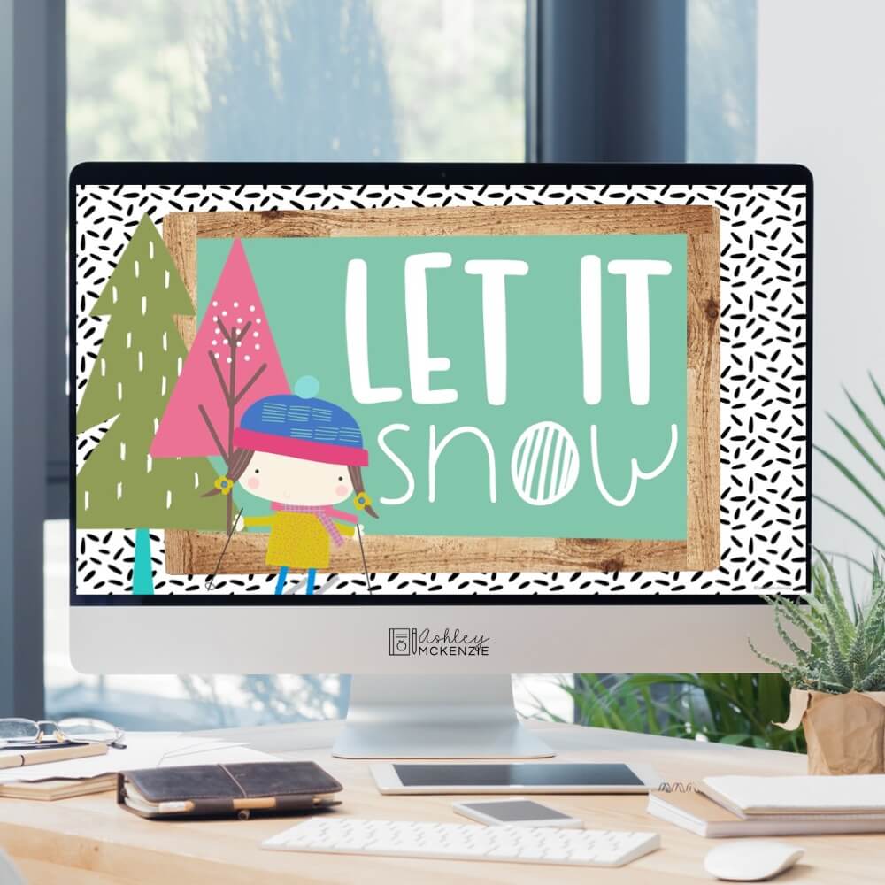 A Google Slide template featuring the saying "Let it snow" with a skier shown on the slide.