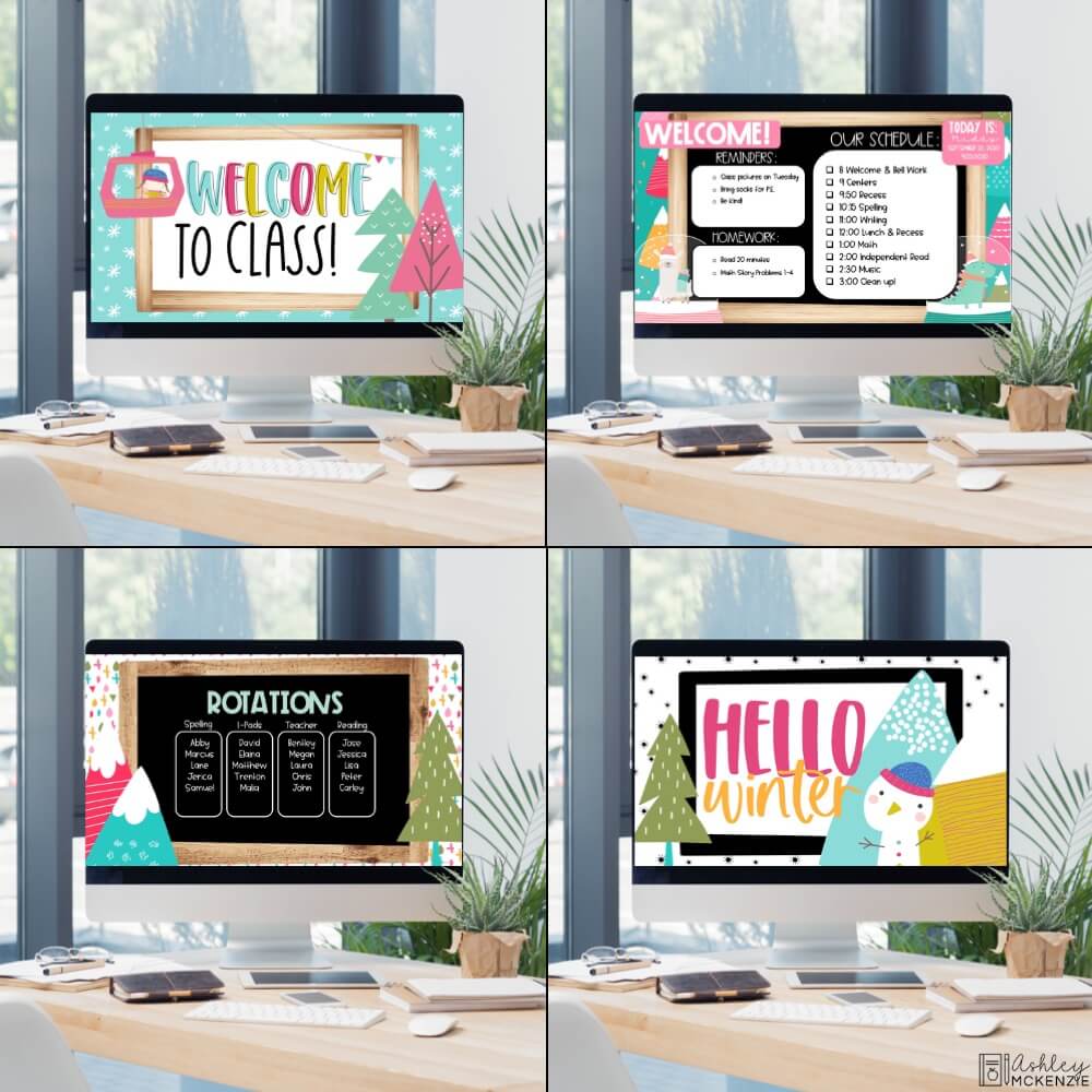 Winter themed Google Slides templates are shown on computer screens, featuring snow and winter themed designs.
