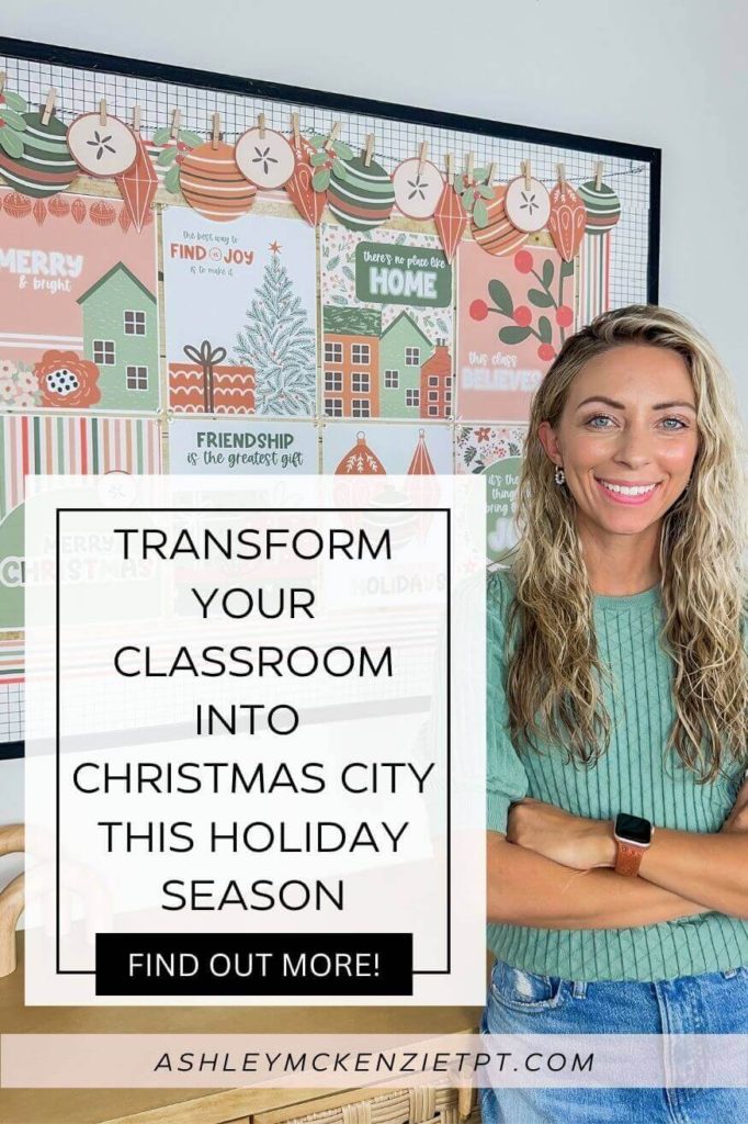 A teacher standing in front of a classroom bulletin board decorated with Christmas and holiday themed posters