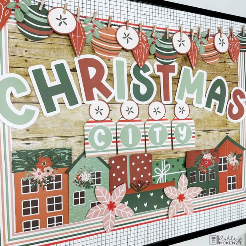Christmas classroom resources including a classroom bulletin board display with Christmas city decor
