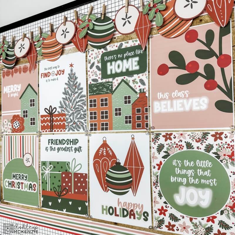 Holiday classroom decor is featured on a bulletin board showcasing 8 unique Christmas themed posters