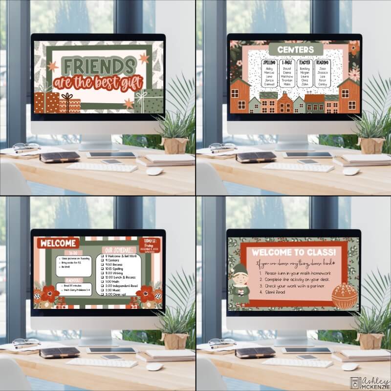 4 computers each displaying matching holiday classroom decor themed Google Slides Templates for the Christmas season