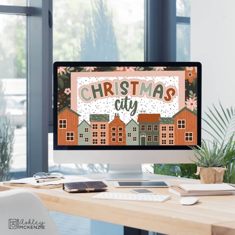 Google Slides Templates shown on a classroom computer featuring a greeting slide that says "Christmas City"