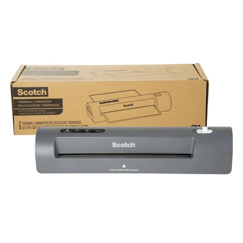 Scotch Thermal Laminator positioned in front of the box it comes in