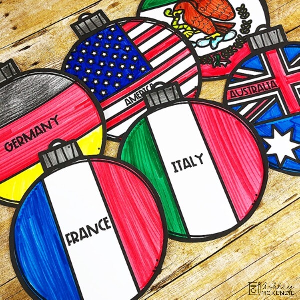 Christmas ornaments displaying a variety of flags for different countries