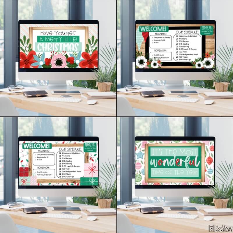 Christmas classroom resources featuring holiday themed Google Slides Templates in a variety of designs.